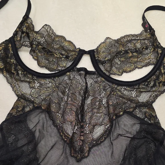 La SENZA Black and Gold Lace Unlined Baby Doll S - Picture 4 of 9